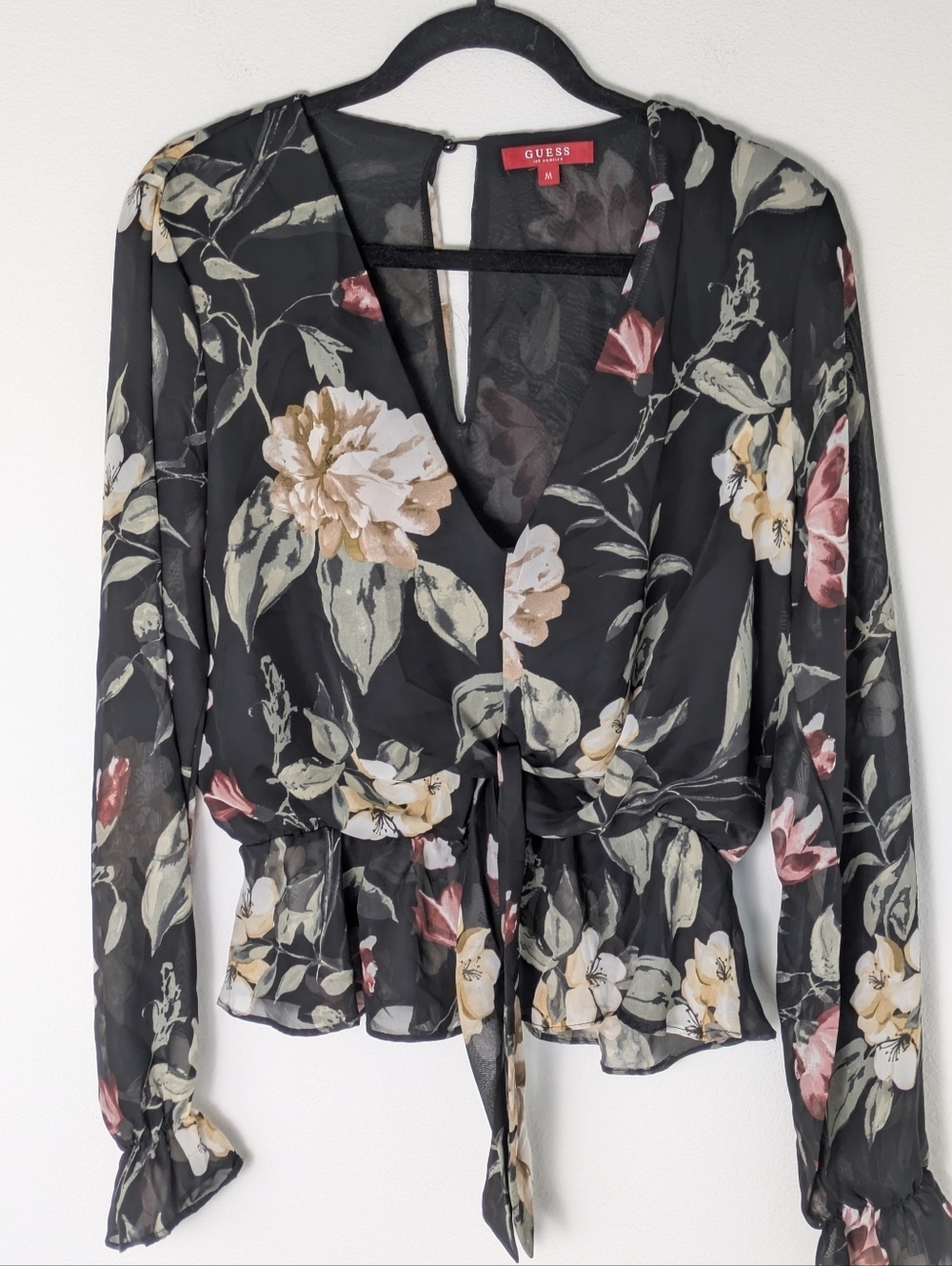 Guess Women's Peplum Floral Chiffon Blouse Top Sz M Black Feminine Preppy EUC